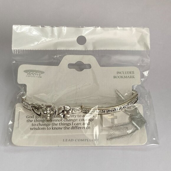 Vintage Serenity Prayer Cross Bracelet Stretch Silver Plated Crystal AA NA 7.25" - Picture 10 of 10